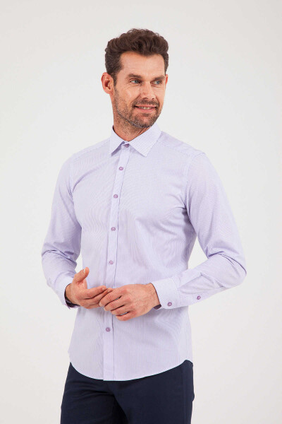 Çizgili Slim Fit Mor Gömlek - 1