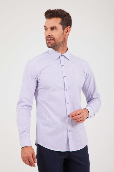 Çizgili Slim Fit Mor Gömlek - 3
