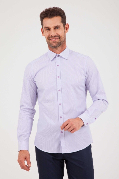Çizgili Slim Fit Mor Gömlek - 4