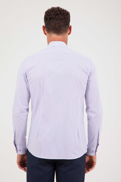 Çizgili Slim Fit Mor Gömlek - 5