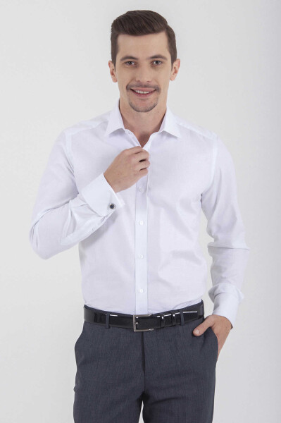 Beyaz Regular Fit Desenli 100% Pamuk Slim Yaka Manşetli Uzun Kol Klasik Gömlek - 1