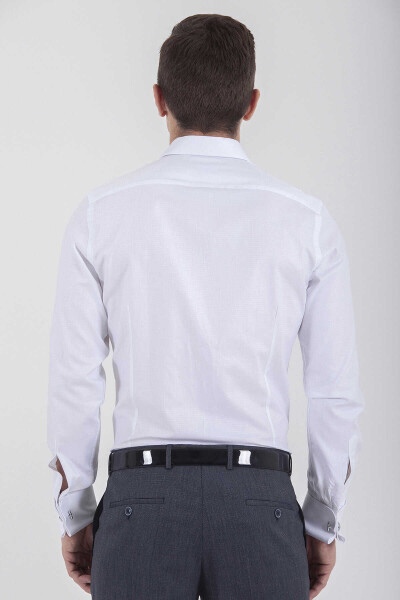 Beyaz Regular Fit Desenli 100% Pamuk Slim Yaka Manşetli Uzun Kol Klasik Gömlek - 4