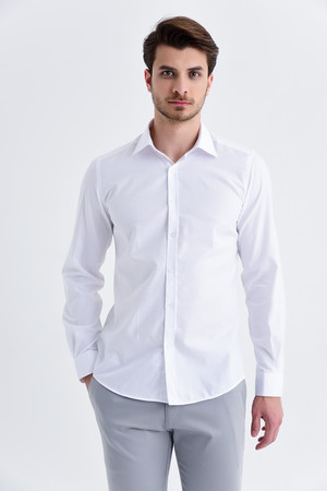 Desenli Beyaz Slim Fit Gömlek - Thumbnail