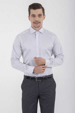 Gri Slim Fit Baskılı 100% Pamuk Uzun Kol Saten Gömlek - 11