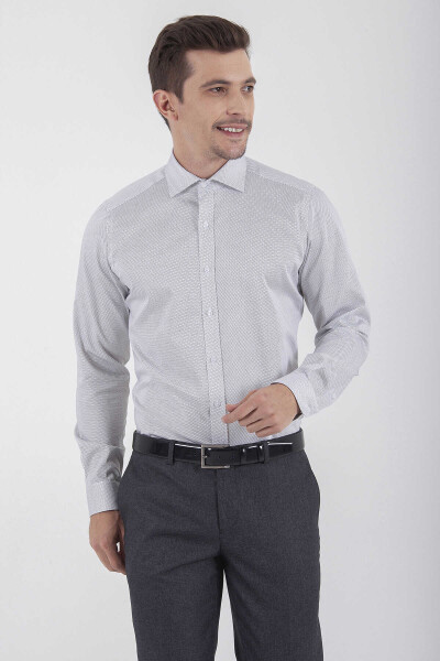 Gri Slim Fit Baskılı 100% Pamuk Uzun Kol Saten Gömlek - 6