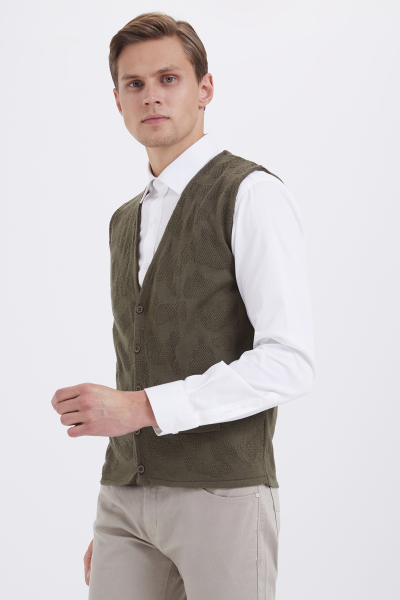 Desenli Haki Triko Yelek - 5