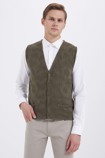 Desenli Haki Triko Yelek - 7