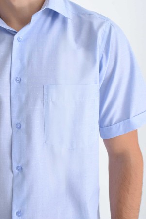 Mavi Kısa Kol Desenli Regular Fit Gömlek - Thumbnail