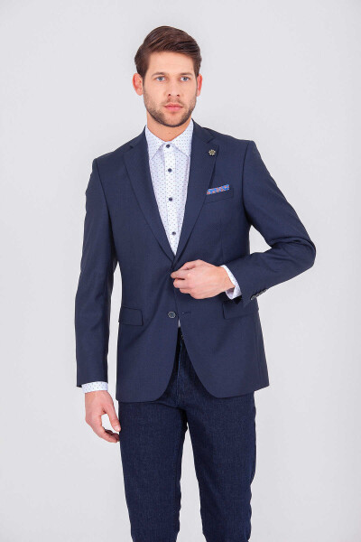 Desenli Lacivert Slim Fit Ceket - Thumbnail