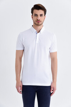 Desenli Polo Yaka Beyaz T-shirt - Thumbnail