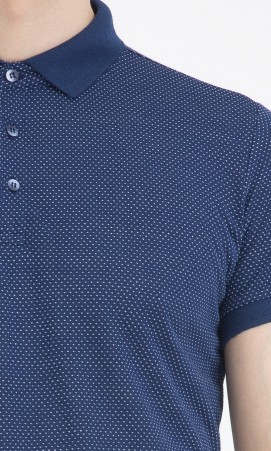 Mavi Desenli Polo Yaka Basic Tişört - Thumbnail