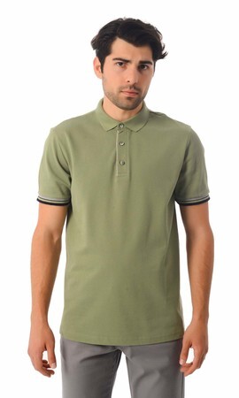 Desenli Polo Yaka Yeşil Tişört - 5