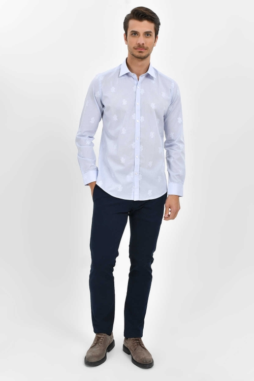 Mavi Slim Fit Desenli 100% Pamuk Uzun Kol Spor Gömlek - Thumbnail (1)