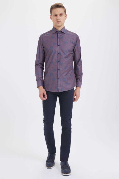 Bordo Slim Fit Baskılı Pamuklu Uzun Kol Spor Gömlek - 2