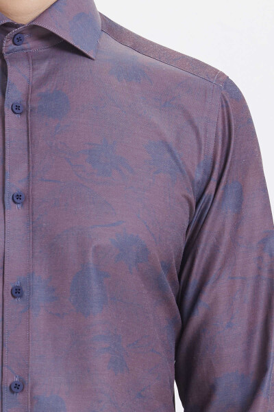 Bordo Slim Fit Baskılı Pamuklu Uzun Kol Spor Gömlek - 4