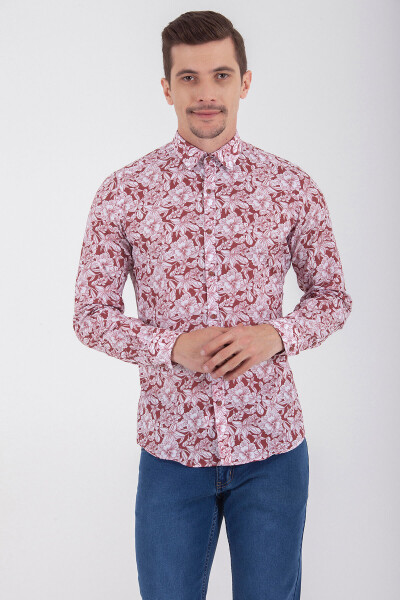 Desenli Slim Fit Bordo Gömlek - 1
