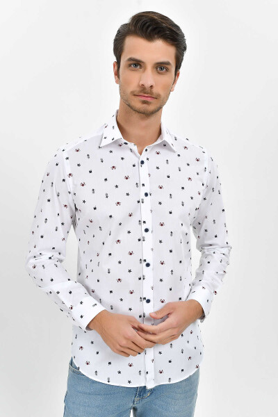 Bordo Slim Fit Baskılı 100% Pamuk Uzun Kol Spor Gömlek 