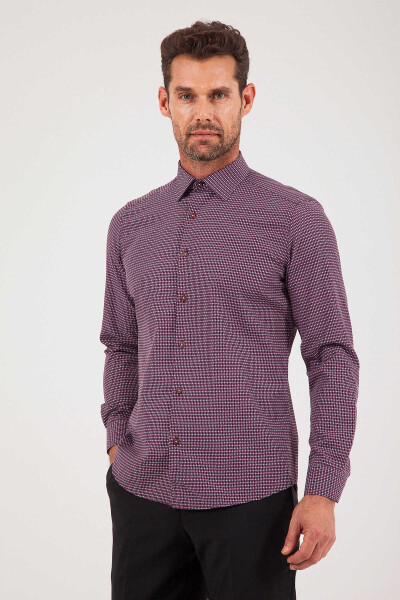 Slim Fit Desenli Bordo Gömlek - 1