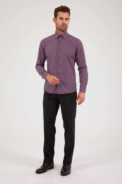 Slim Fit Desenli Bordo Gömlek - 2