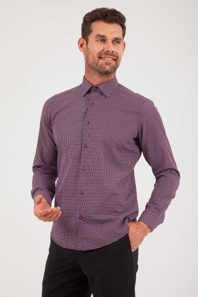 Slim Fit Desenli Bordo Gömlek - 4