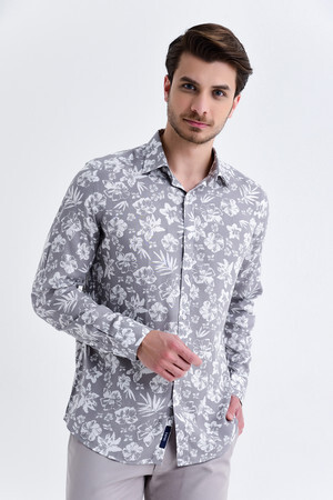 Desenli Slim Fit Gri Gömlek - 5