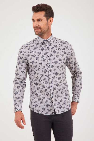 Gri Slim Fit Baskılı 100% Pamuk Uzun Kol Spor Gömlek 