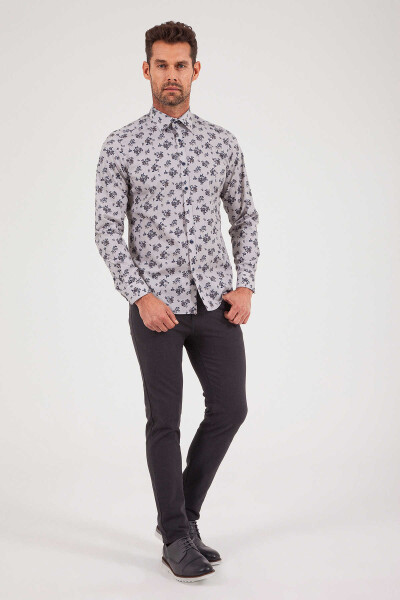 Gri Slim Fit Baskılı 100% Pamuk Uzun Kol Spor Gömlek - 2