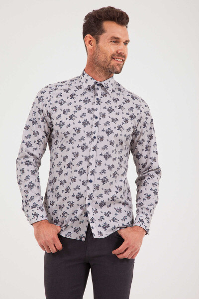 Gri Slim Fit Baskılı 100% Pamuk Uzun Kol Spor Gömlek - 3