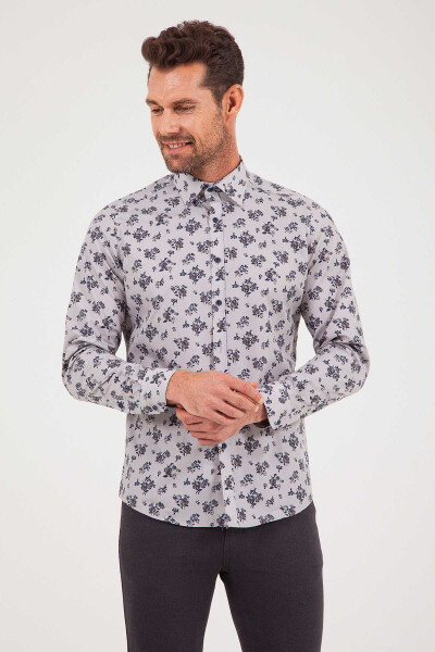 Gri Slim Fit Baskılı 100% Pamuk Uzun Kol Spor Gömlek - 4