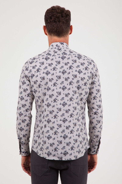 Gri Slim Fit Baskılı 100% Pamuk Uzun Kol Spor Gömlek - 5