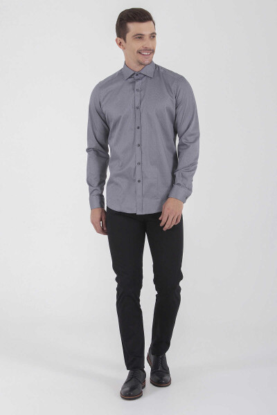 Gri Slim Fit Baskılı 100% Pamuk Uzun Kol Saten Gömlek - 3