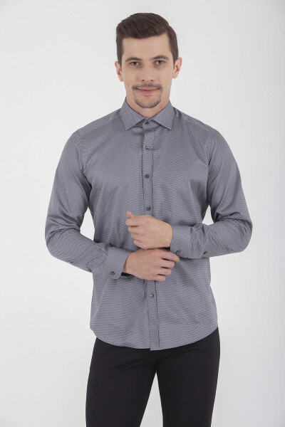 Gri Slim Fit Baskılı 100% Pamuk Uzun Kol Saten Gömlek - 2