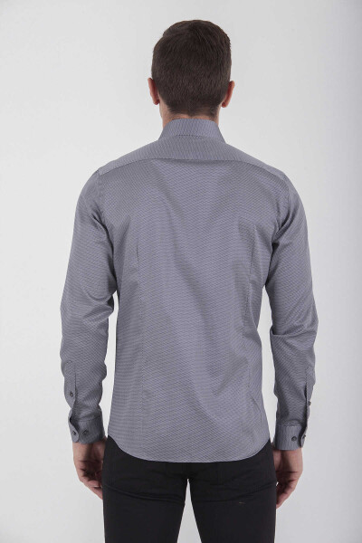 Gri Slim Fit Baskılı 100% Pamuk Uzun Kol Saten Gömlek - 10