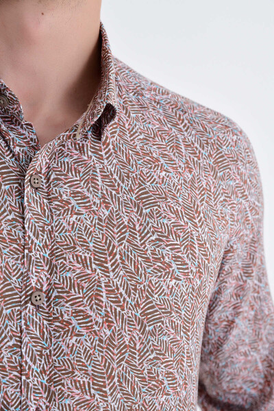 Desenli Slim Fit Kahverengi Gömlek - 4