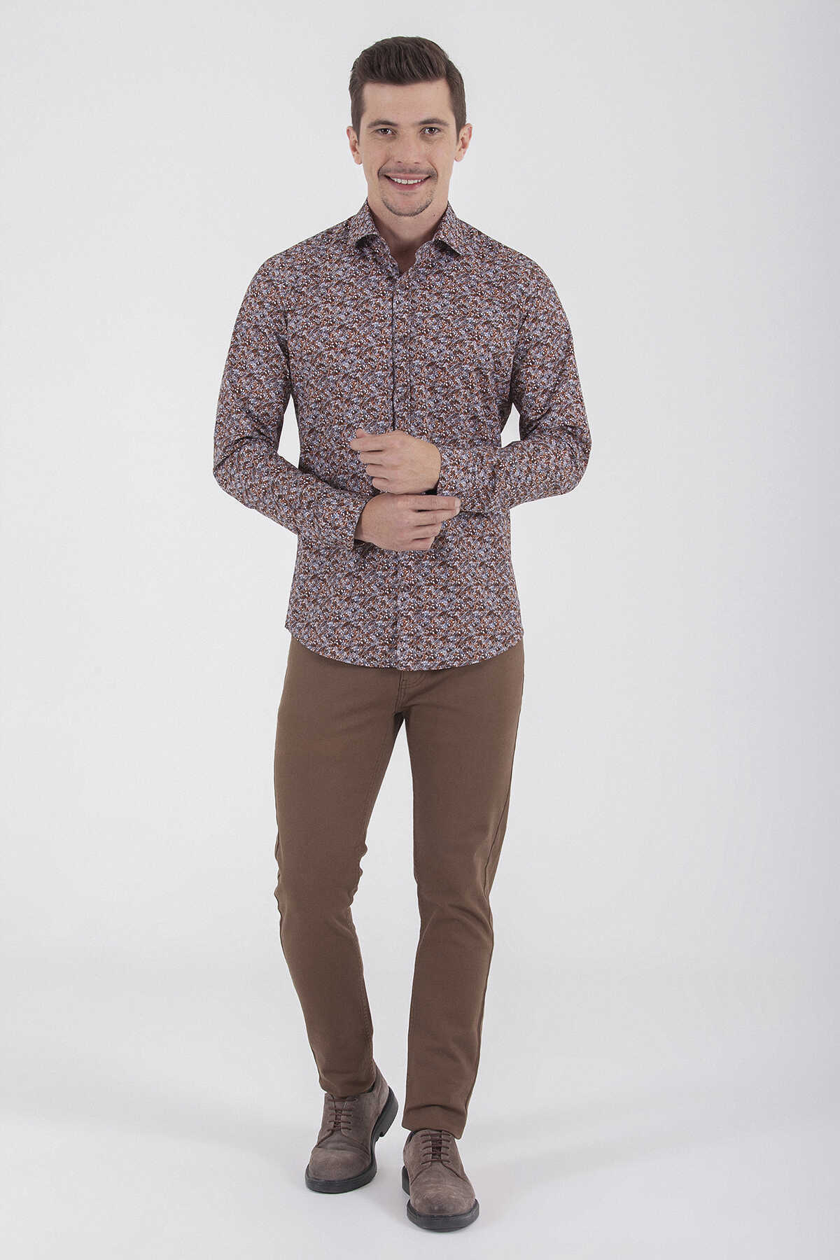 Kahverengi Slim Fit Baskılı 100% Pamuk Uzun Kol Spor Gömlek - 3