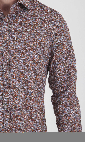 Kahverengi Slim Fit Baskılı 100% Pamuk Uzun Kol Spor Gömlek - 7