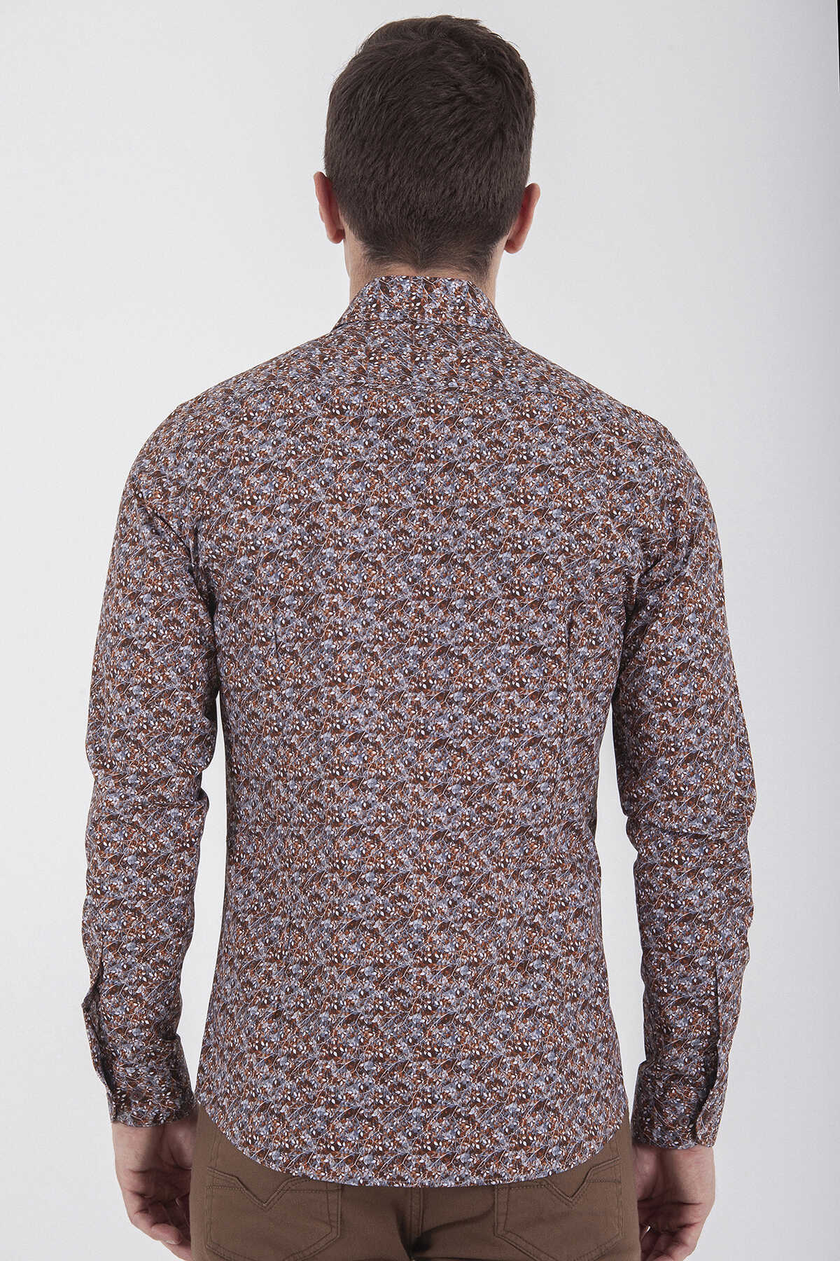 Kahverengi Slim Fit Baskılı 100% Pamuk Uzun Kol Spor Gömlek - 9