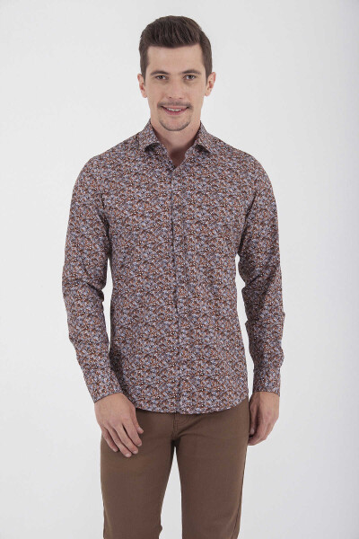 Kahverengi Slim Fit Baskılı 100% Pamuk Uzun Kol Spor Gömlek - 6