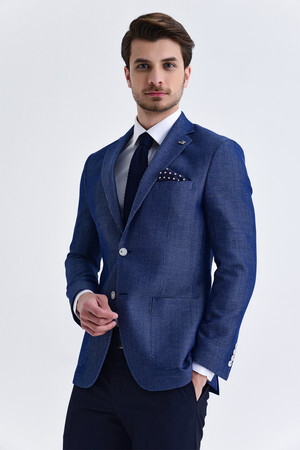 Lacivert Slim Fit Desenli Blazer Ceket - 13