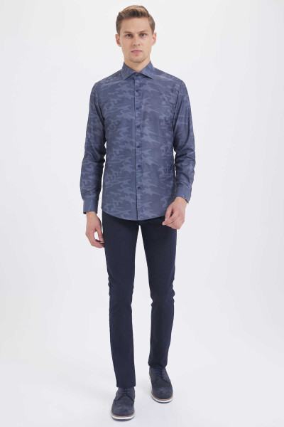 Gri Slim Fit Baskılı Pamuklu Uzun Kol Spor Gömlek - 2