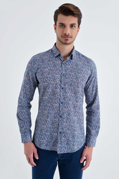 Desenli Slim Fit Lacivert Gömlek - 1