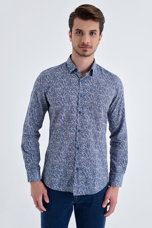 Desenli Slim Fit Lacivert Gömlek - 5