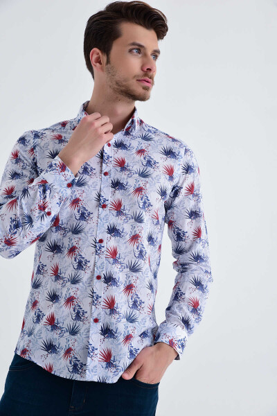 Desenli Slim Fit Lacivert Gömlek - 1