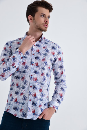 Desenli Slim Fit Lacivert Gömlek - 5