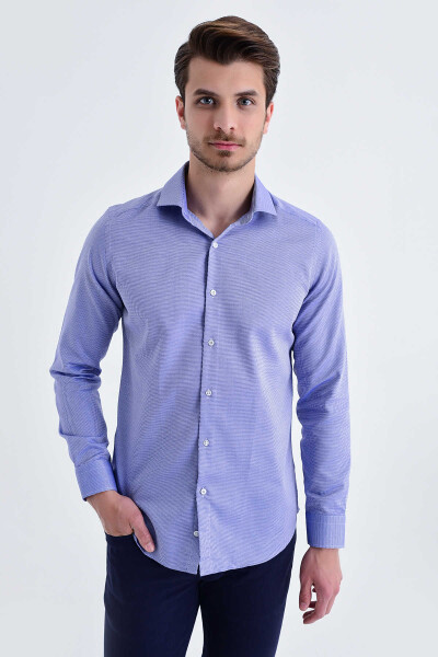 Desenli Slim Fit Lacivert Gömlek - 1
