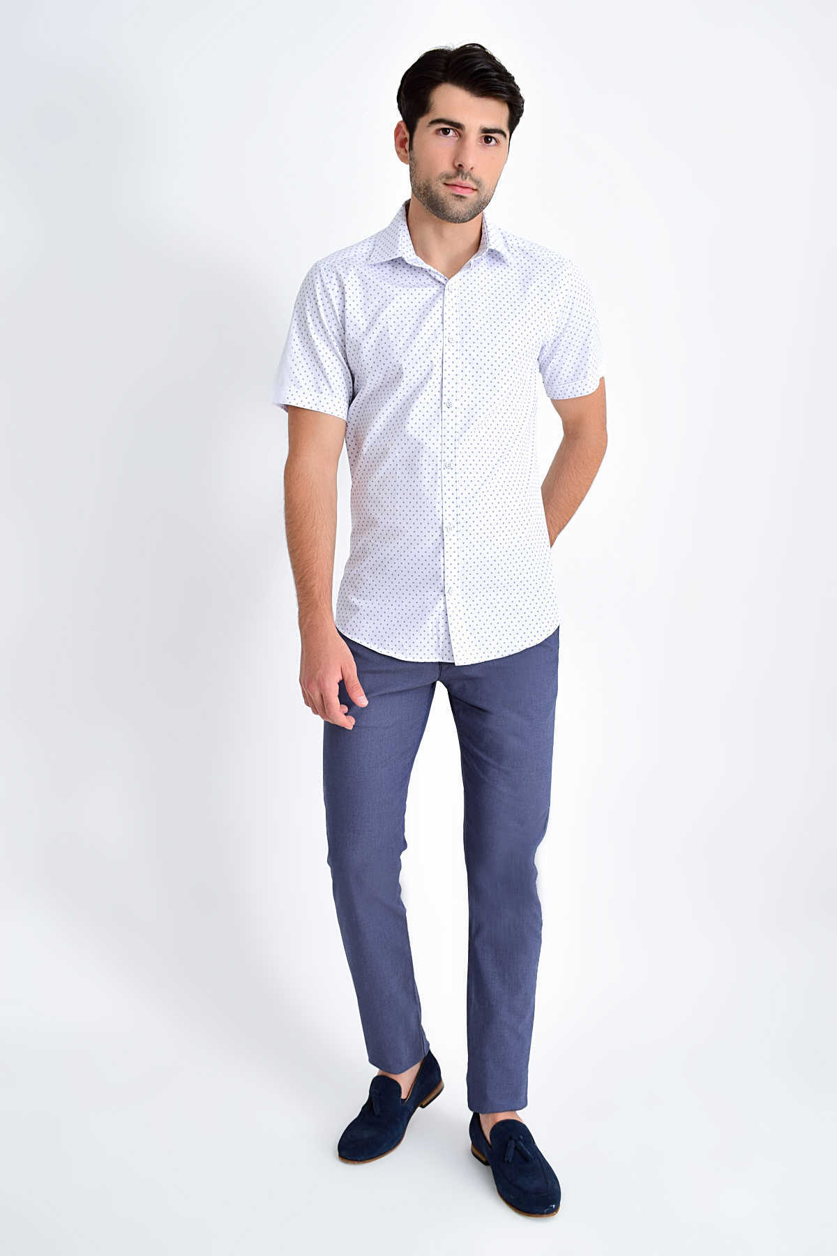 Kısa Kol Lacivert Desenli Gömlek - 2