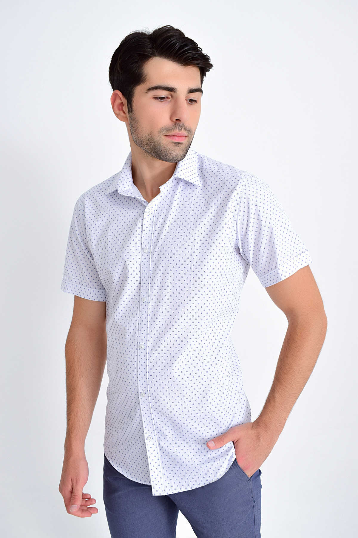 Kısa Kol Lacivert Desenli Gömlek - 3