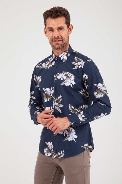 Lacivert Slim Fit Baskılı 100% Pamuk Uzun Kol Spor Gömlek 