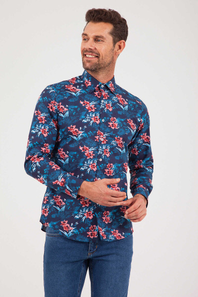 Lacivert Slim Fit Baskılı 100% Pamuk Uzun Kol Spor Gömlek 