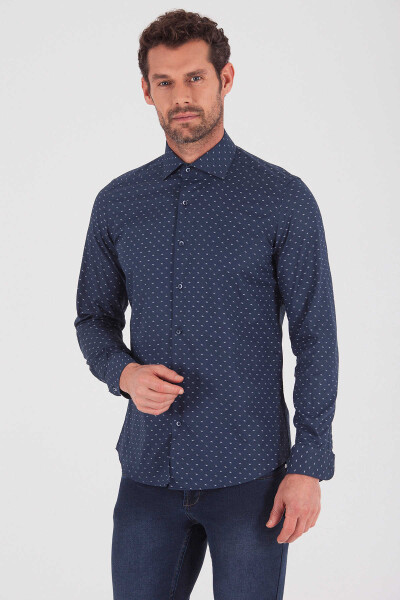 Lacivert Slim Fit Baskılı Pamuklu Uzun Kol Spor Gömlek 